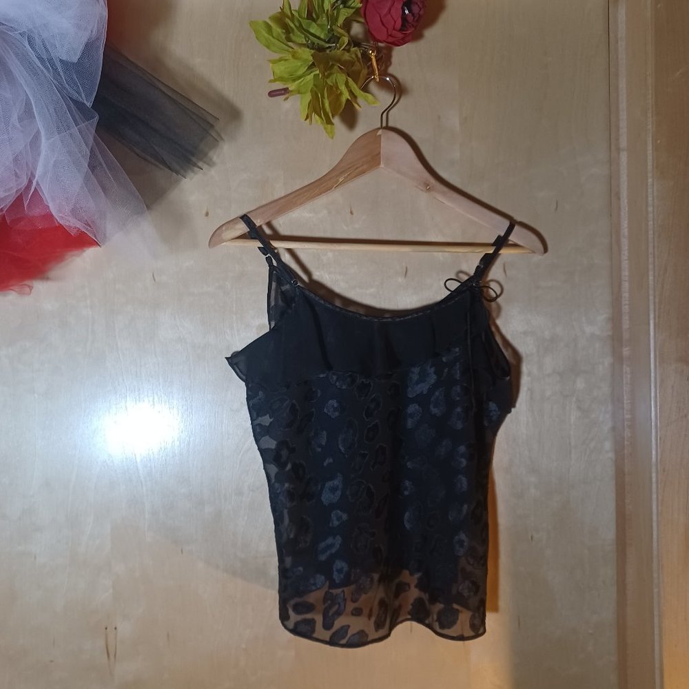 JONES NEW YORK Black Sheer Ruffle Leopard Print Camisole_Size Large